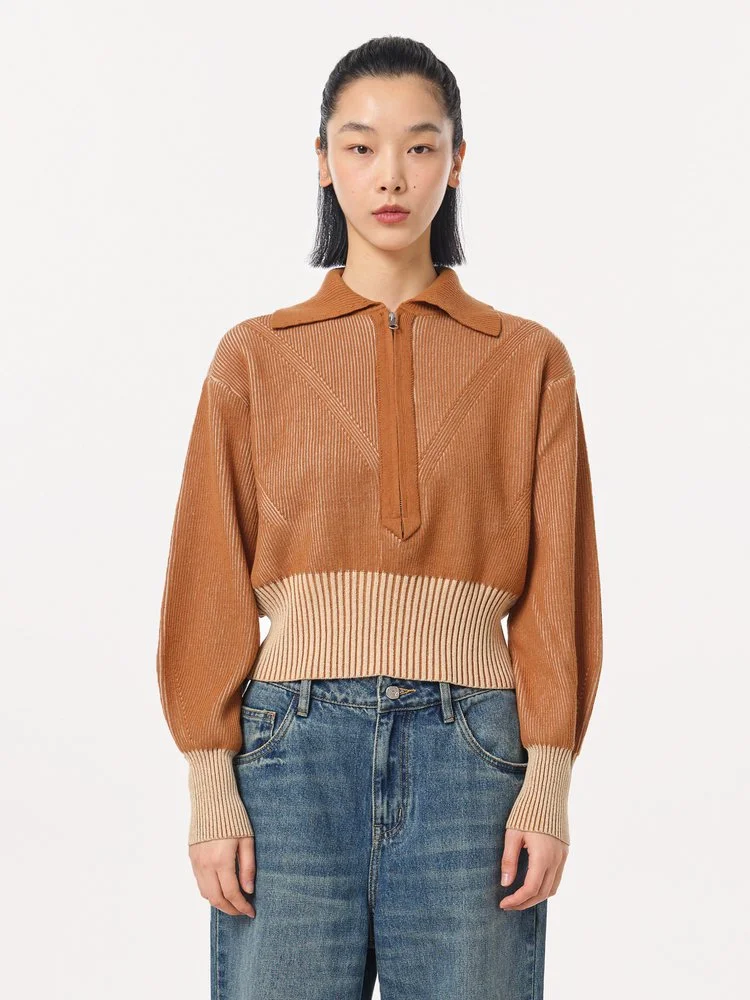 Turn-down Collar Ribbed Short Sweater — AGoodFun